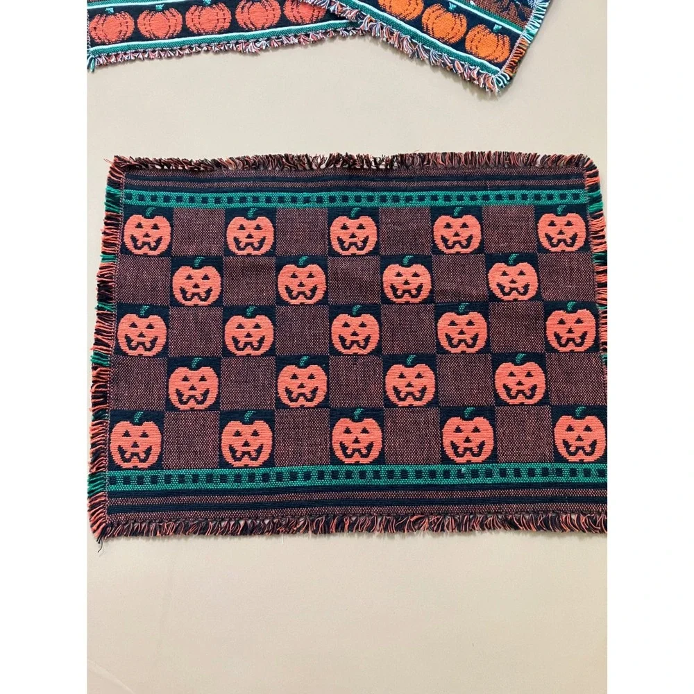 Halloween Placemats Set of 5 Pumpkin Scarecrow Fall Decor Woven Tapestry Holiday